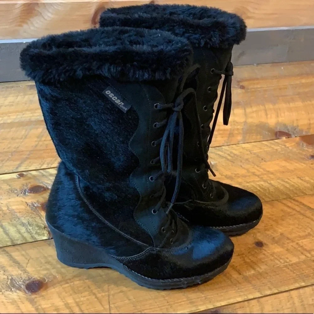 Oscar Sport black fur winter / snow boots with wedge heel Size 6